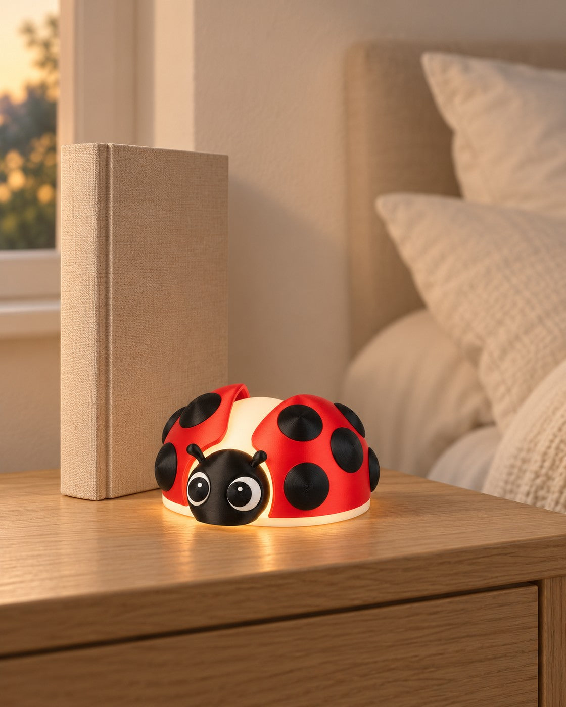Ladybird Lamp in a calm, softly lit interior, shown at true scale