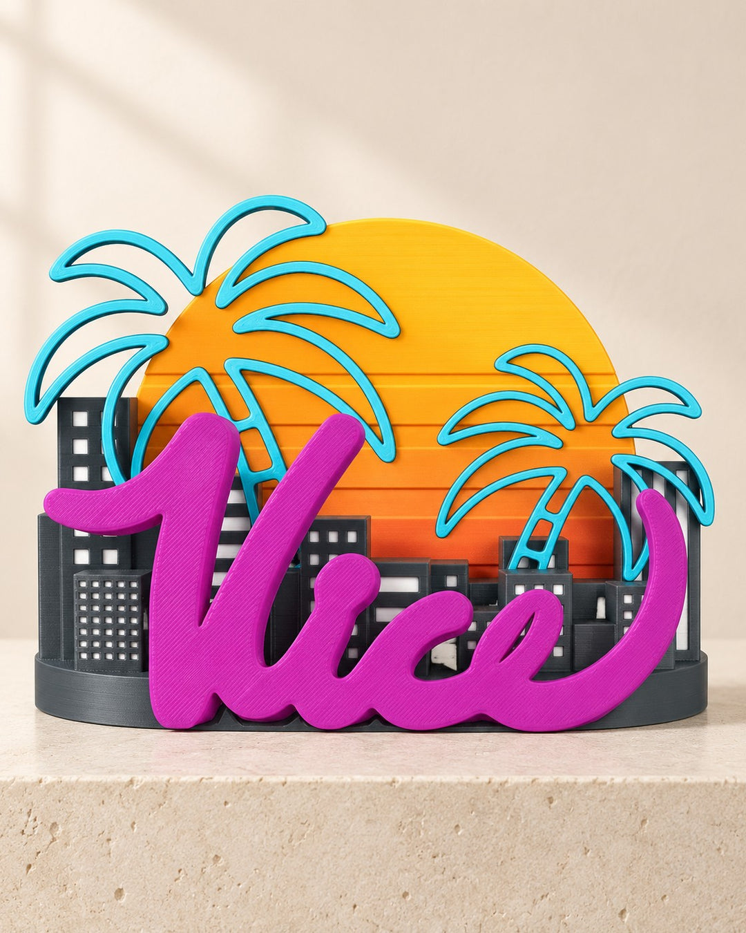 Retro Cityscape Console Stand: A freestanding vertical stand with a layered neon skyline