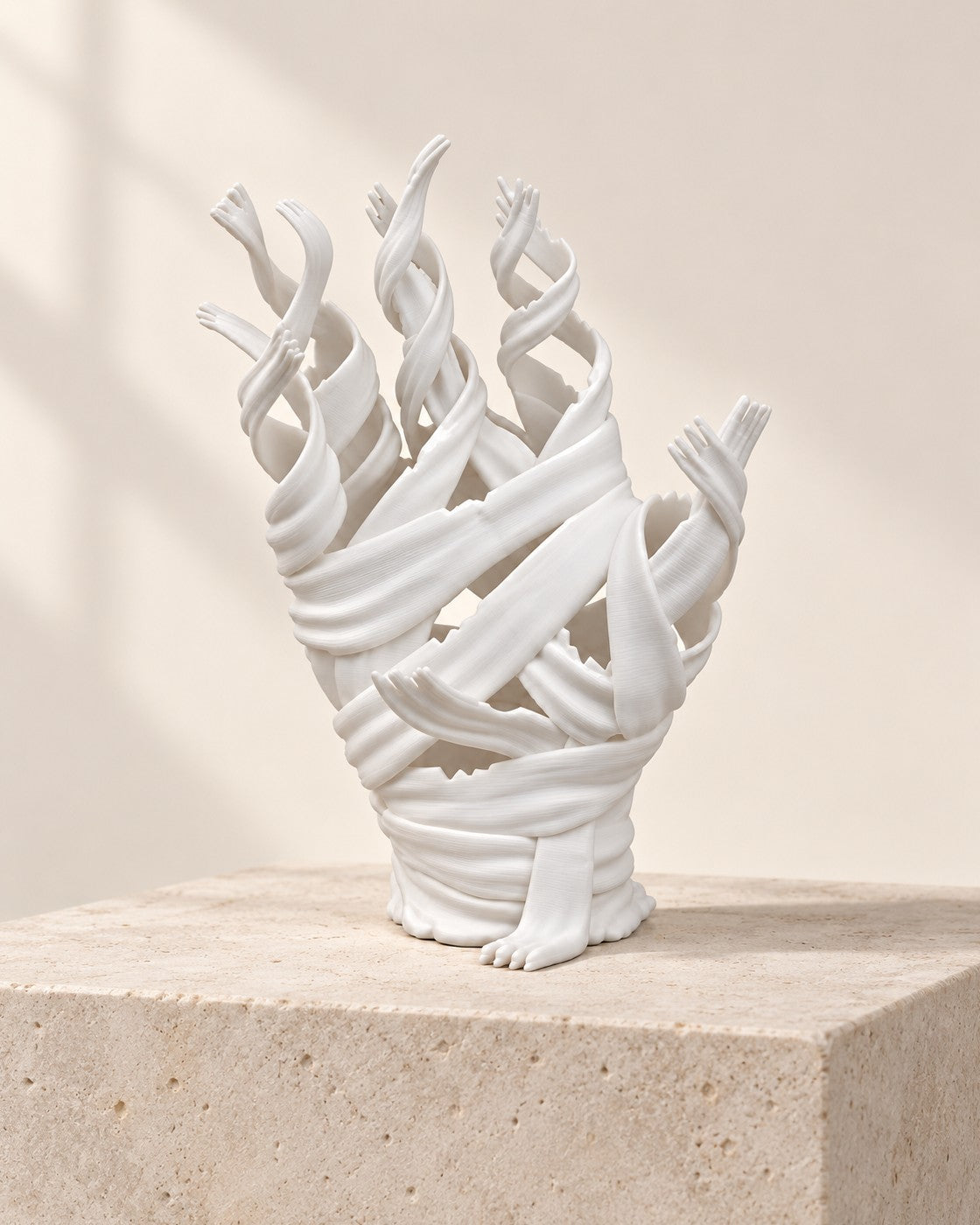 Mummy Hand Controller Holder on a pale limestone plinth, soft studio light
