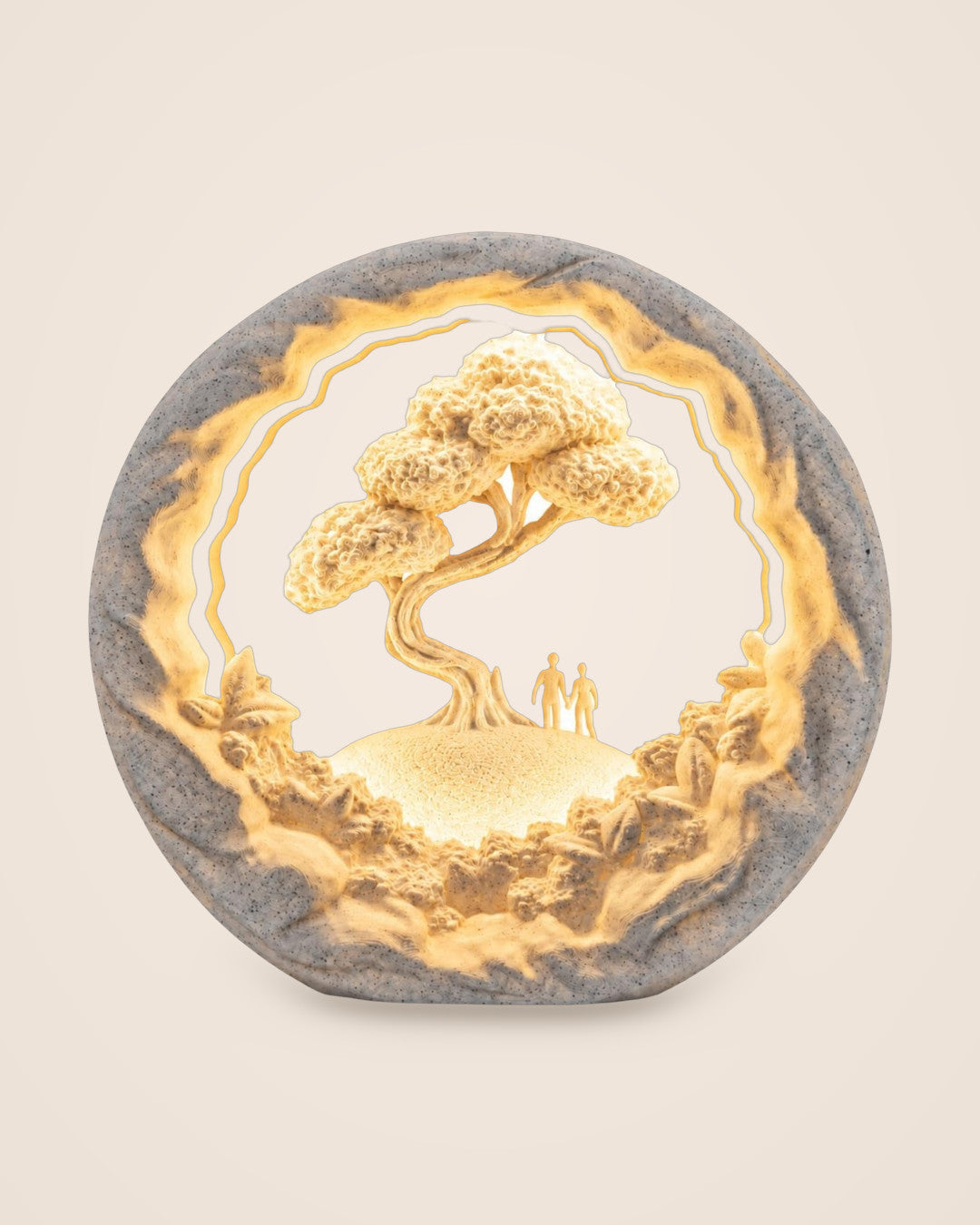 Our Journey Lamp: Two figures walk beneath a sculpted tree, lit in warm LED glow