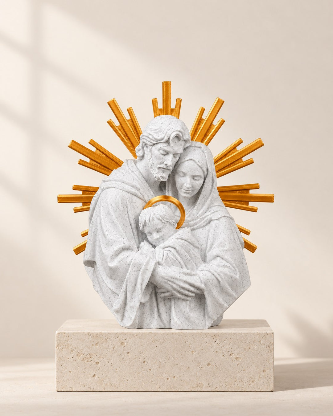 Holy Family Statue: Marble-effect and silk-gold tabletop sculpture, 22 cm high