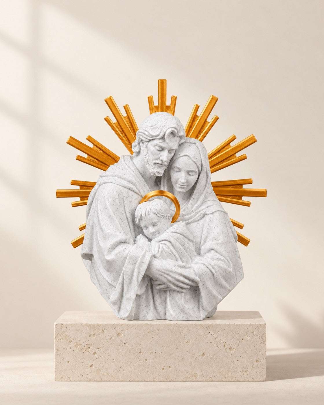 Holy Family Statue on a pale limestone plinth, soft studio light