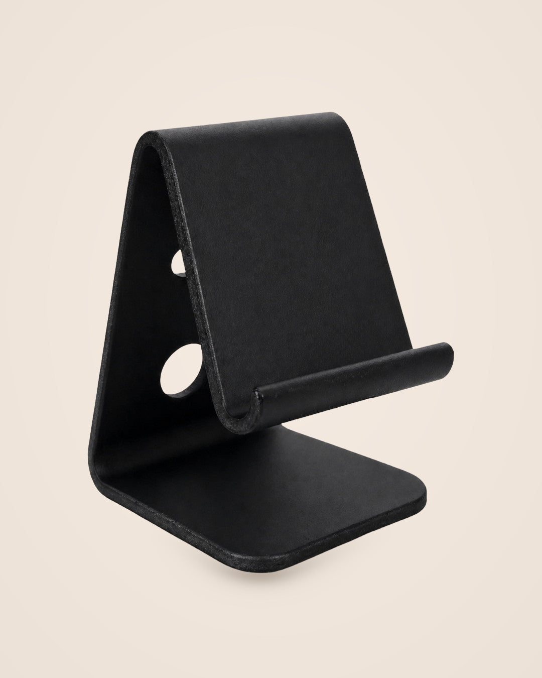 Black Desktop Phone Stand: Compact fixed-angle stand with open front and cable routing