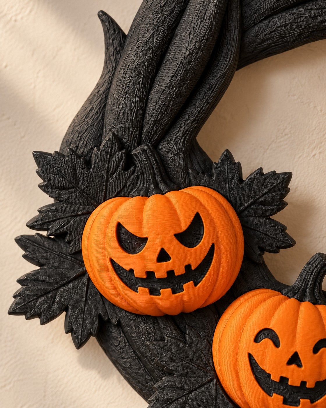 Close-up of the Pumpkin Moon Wreath showing fine printed layer lines