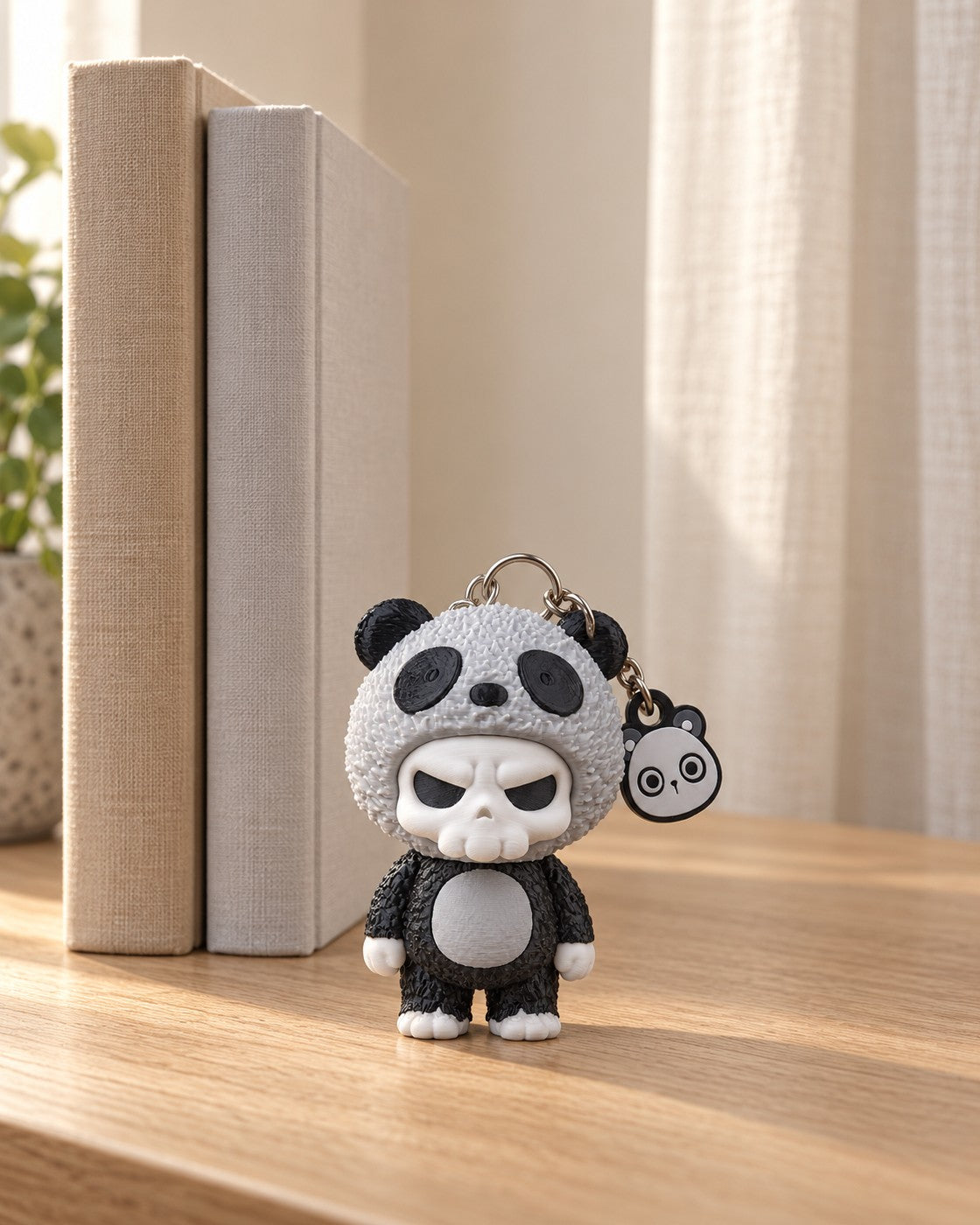 Panda Skull Charm in a calm, softly lit interior, shown at true scale