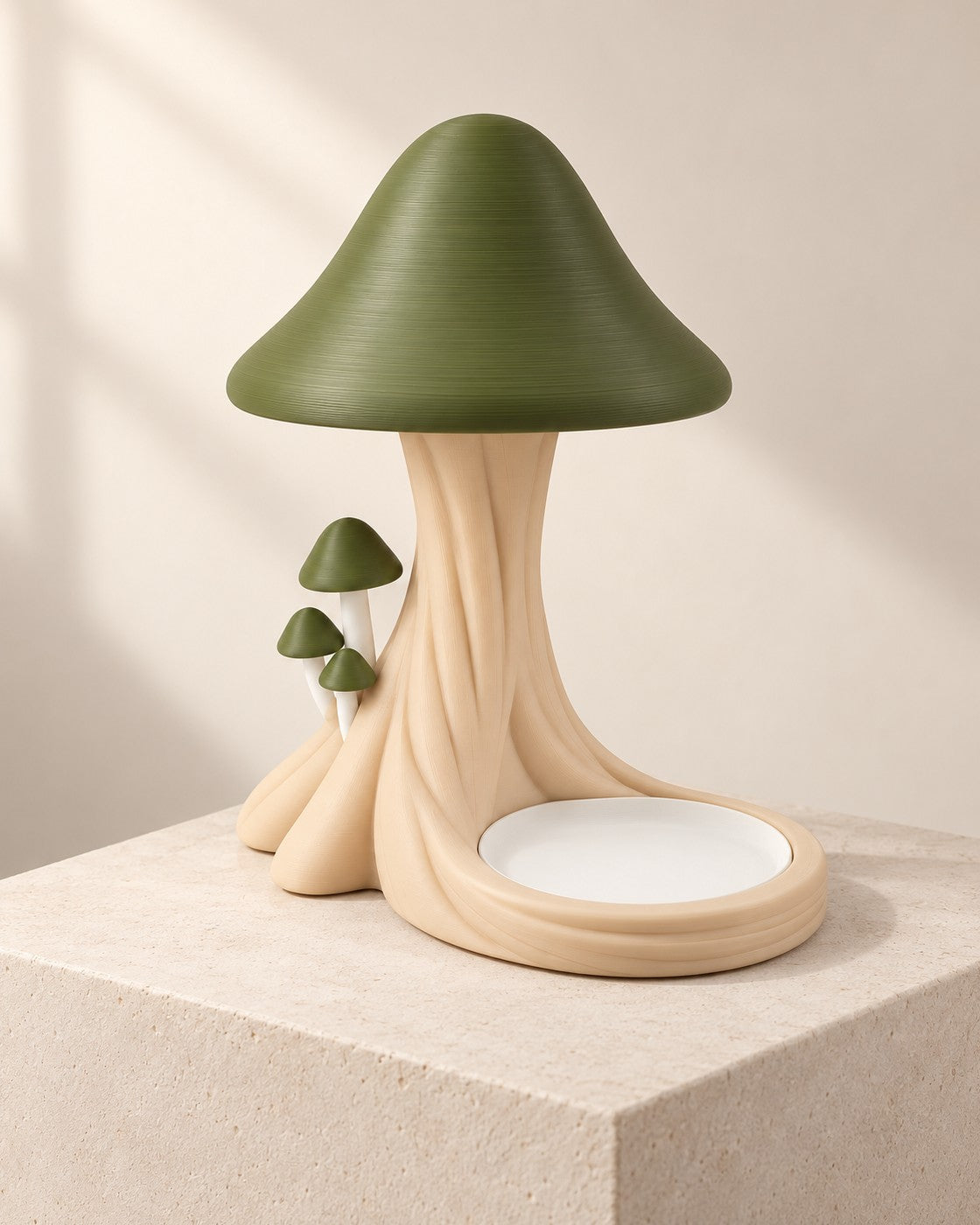 Toadstool Lamp with Tray on a pale limestone plinth, soft studio light