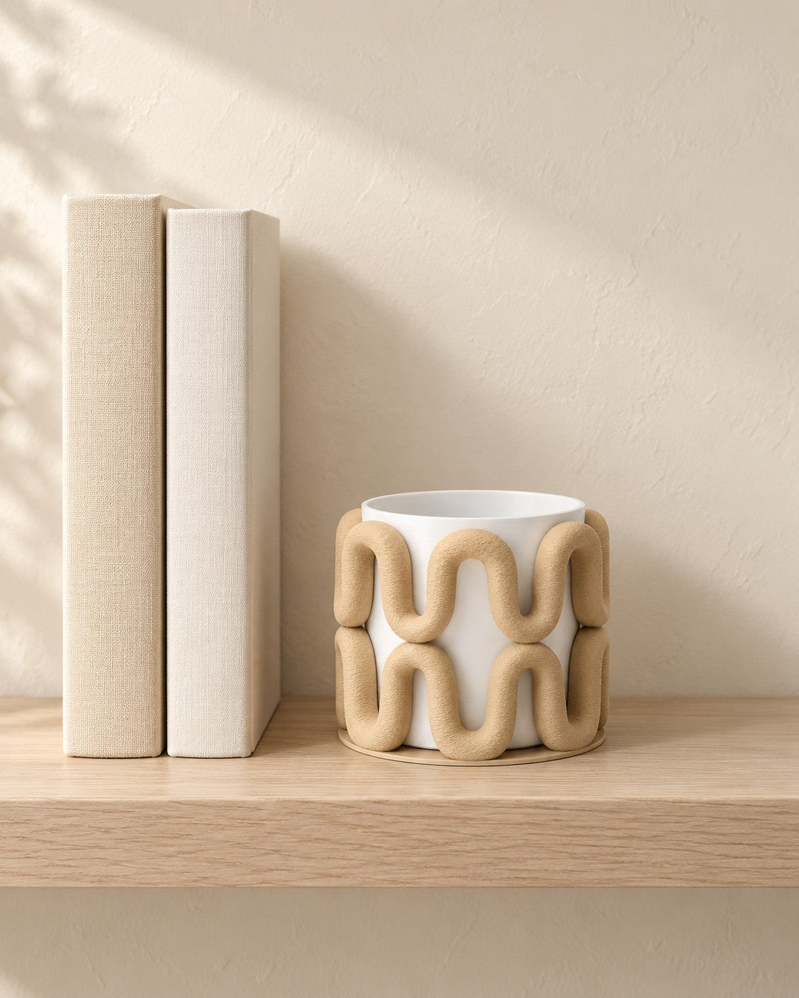 Sculptural Wave Planter in a calm, softly lit interior, shown at true scale