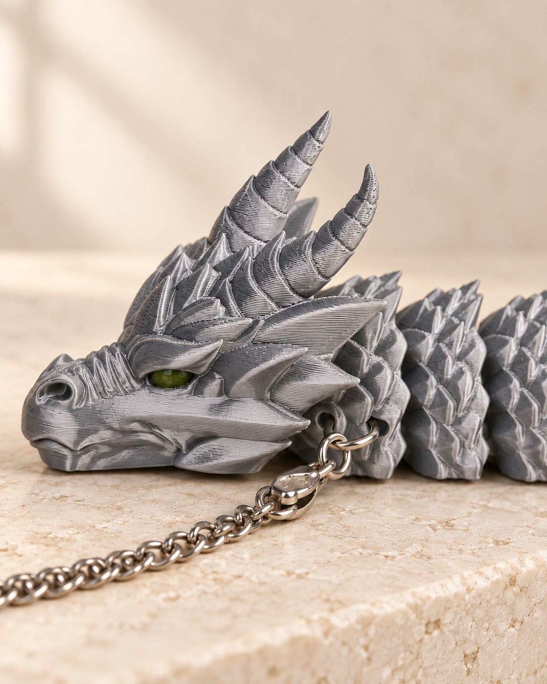 Close-up of the Articulated Dragon Necklace showing fine printed layer lines