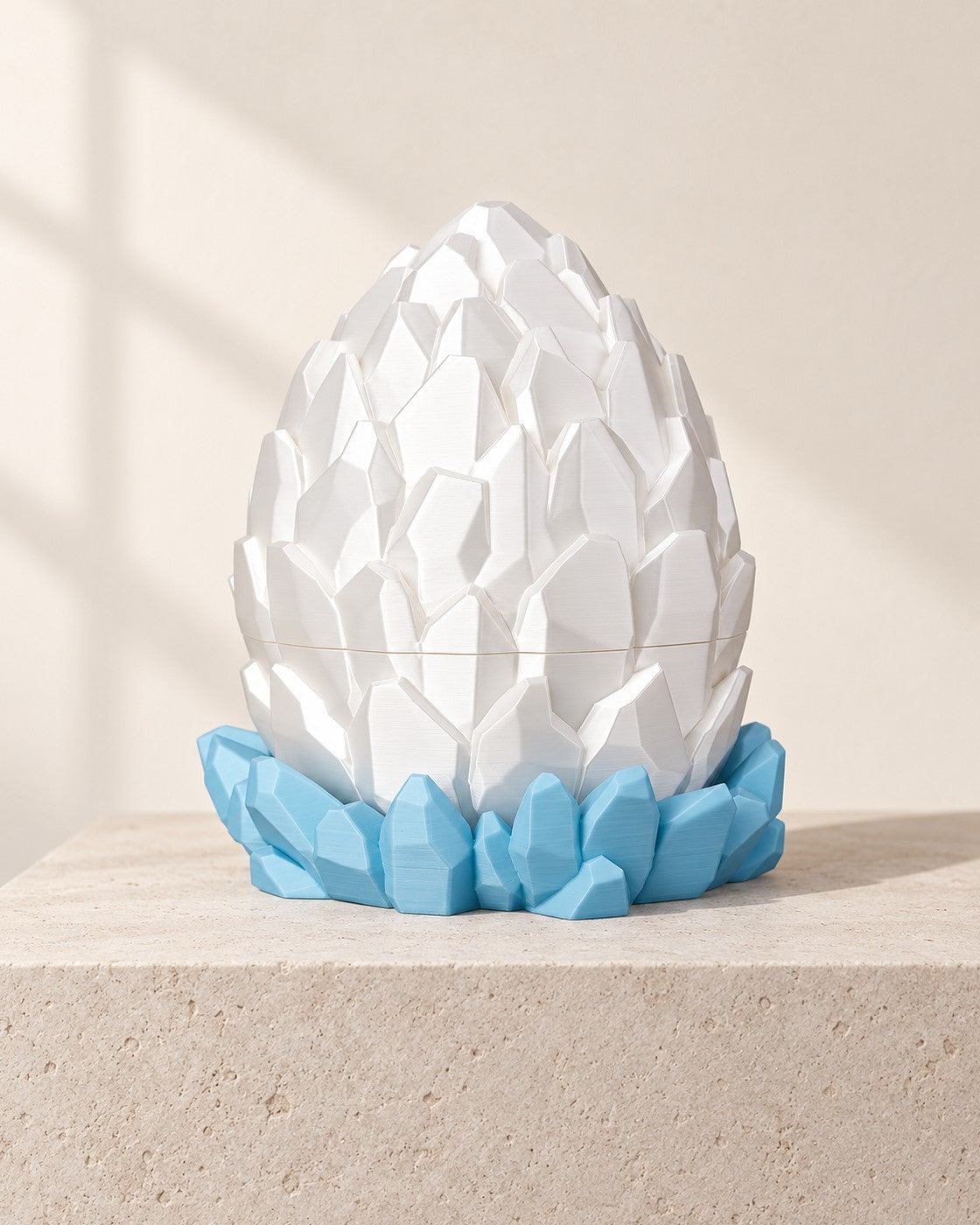Crystal Dragon Egg on a pale limestone plinth, soft studio light