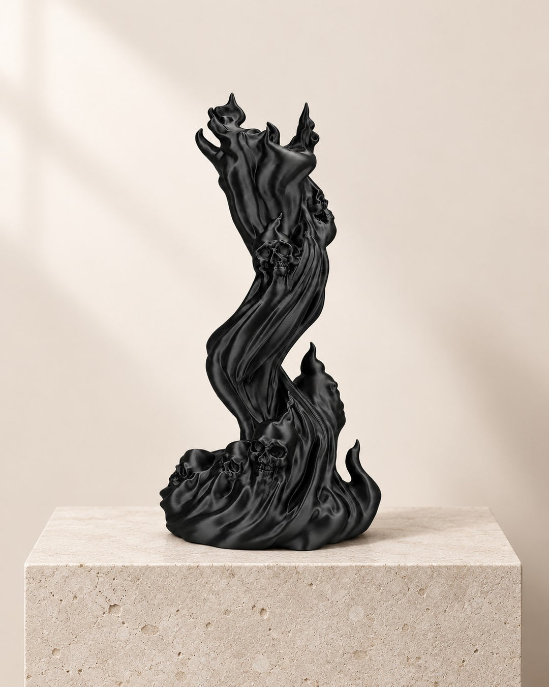 Flaming Skull Headphone Stand: A twisting column of sculpted flame in matte black