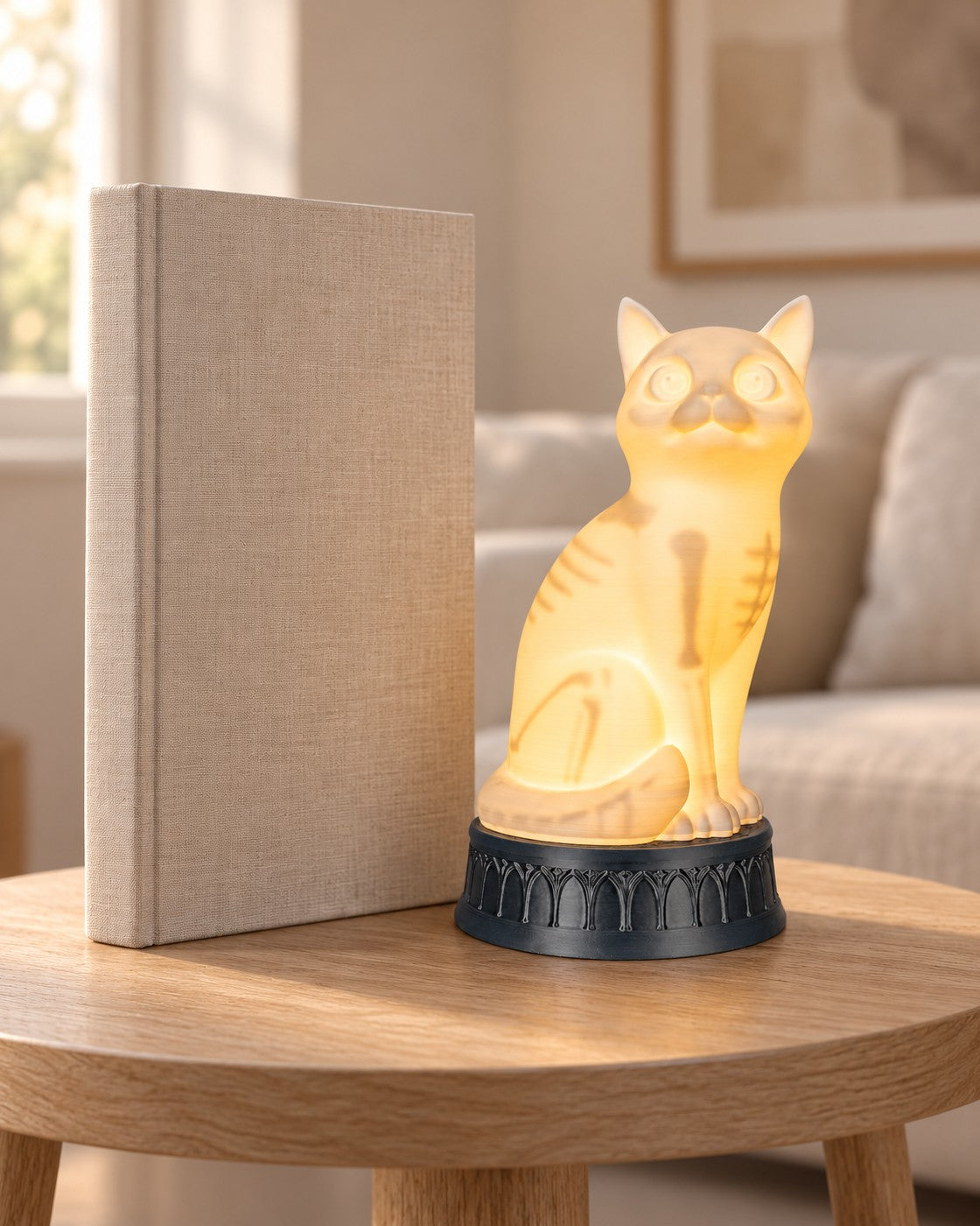 X-Ray Cat Lamp in a calm, softly lit interior, shown at true scale