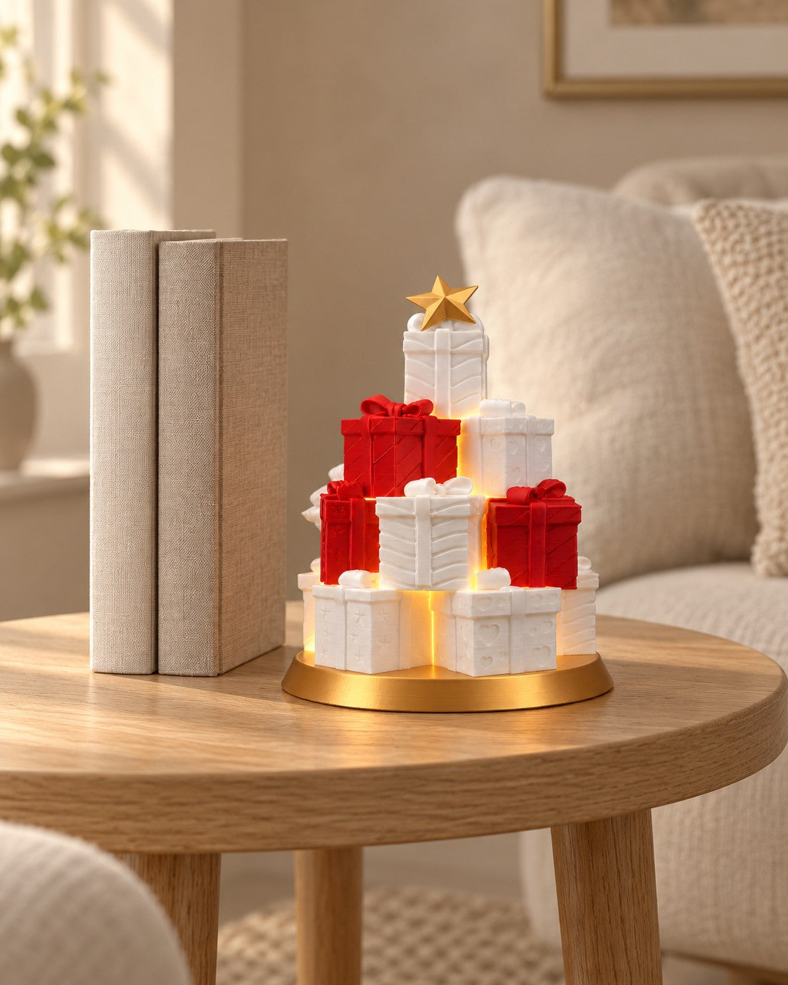 Stacked Gifts Lamp in a calm, softly lit interior, shown at true scale