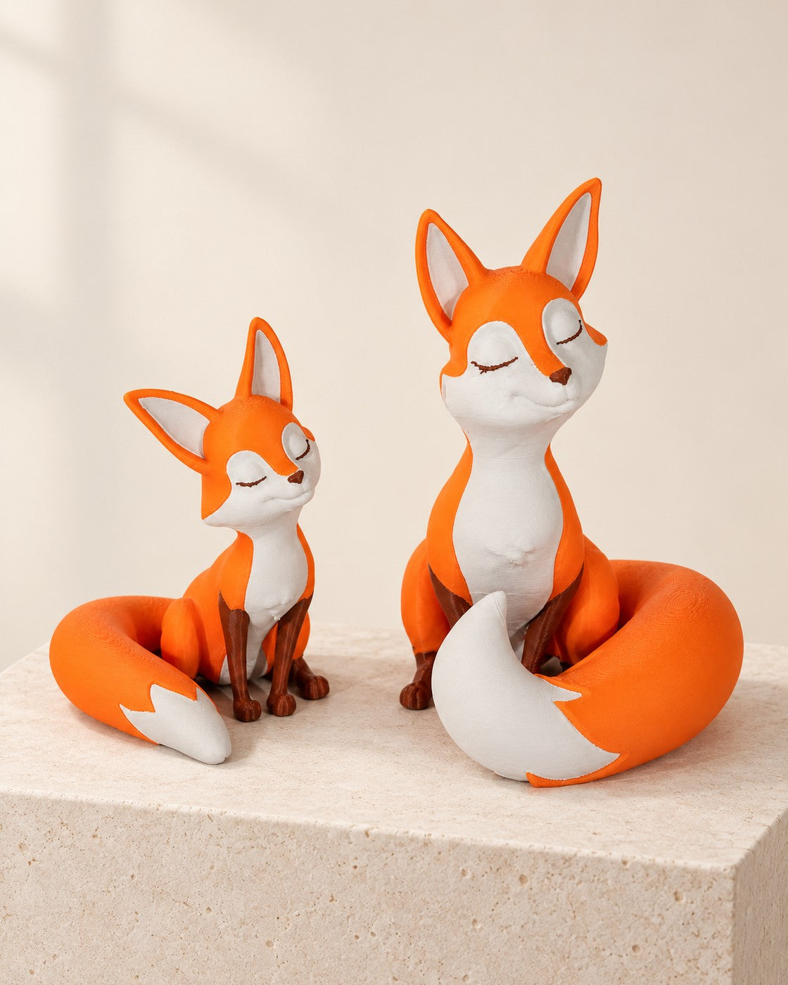 Fox Bookends on a pale limestone plinth, soft studio light