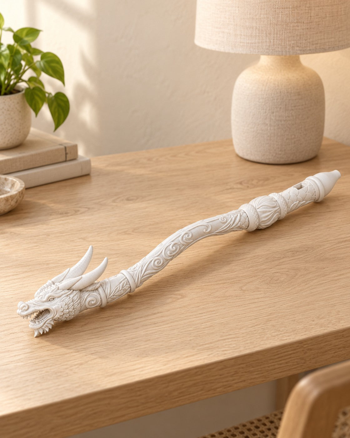 Dragon Flute Ornament in a calm, softly lit interior, shown at true scale