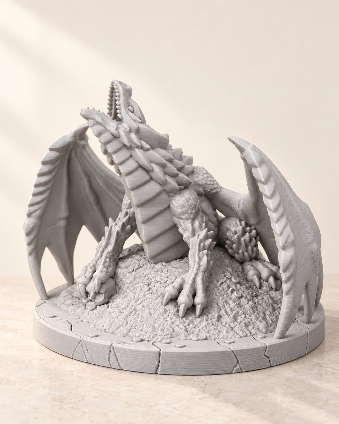 Dragon on Its Hoard: Winged dragon on a scale-textured treasure hoard, in matte grey