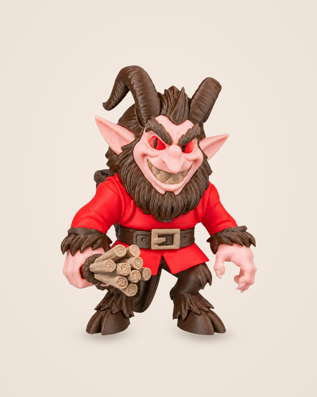 Krampus Figurine: Horned folklore figure in a red coat, with a woven basket and a birch bundle