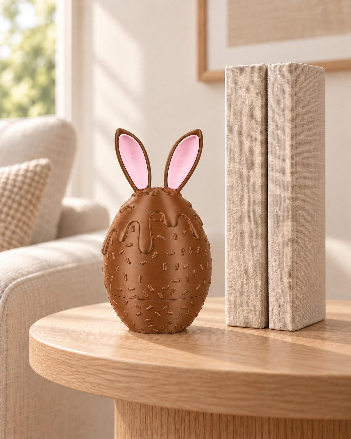 Sprinkle Bunny Egg in a calm, softly lit interior, shown at true scale