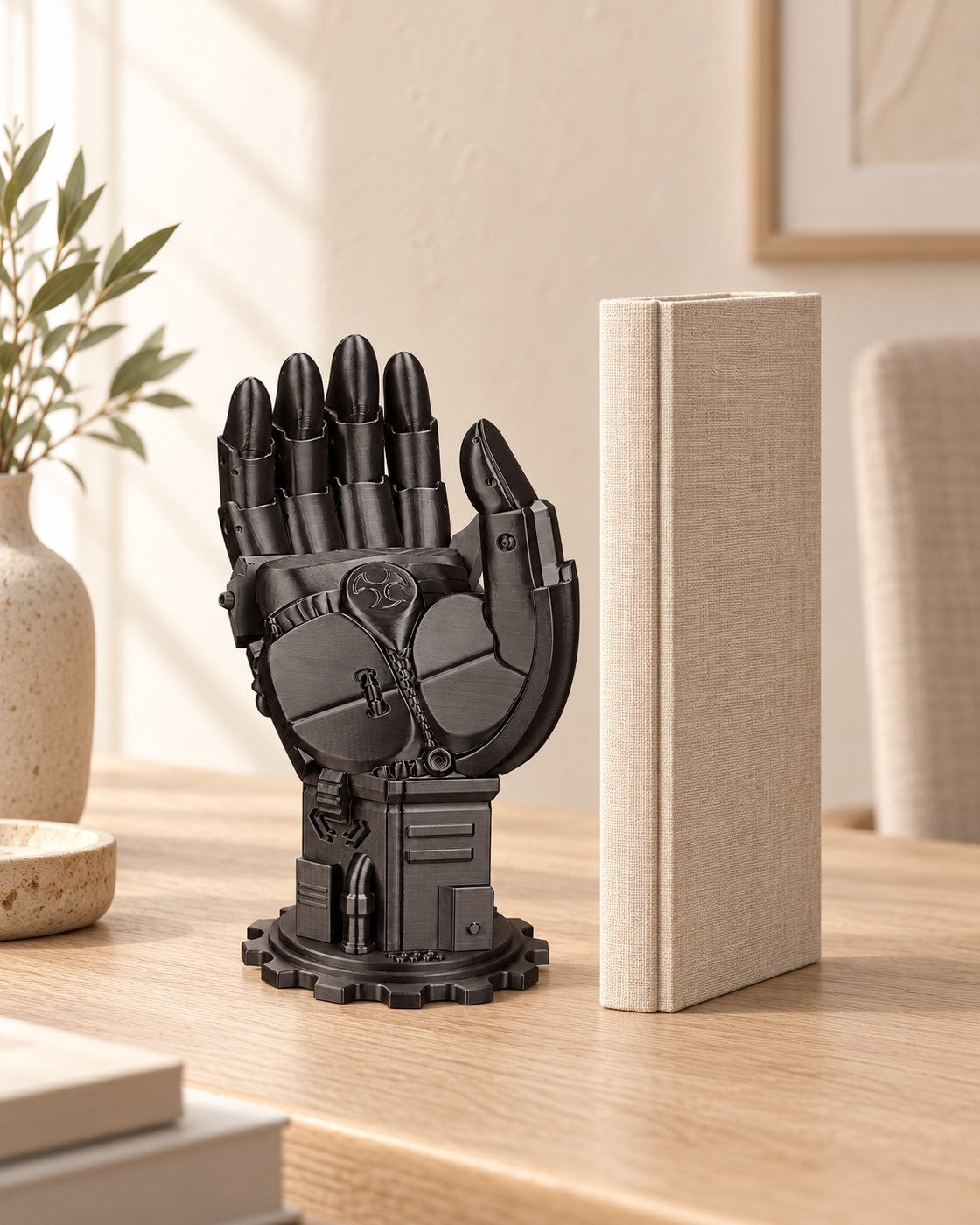 Robot Hand Controller Stand in a calm, softly lit interior, shown at true scale