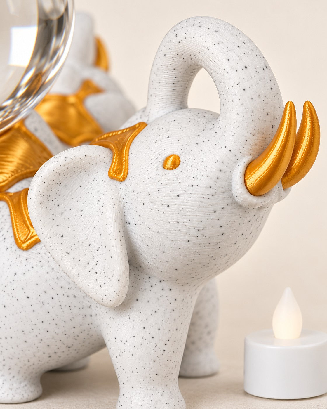 Close-up of the Elephant Trio Crystal Ball Holder showing fine printed layer lines