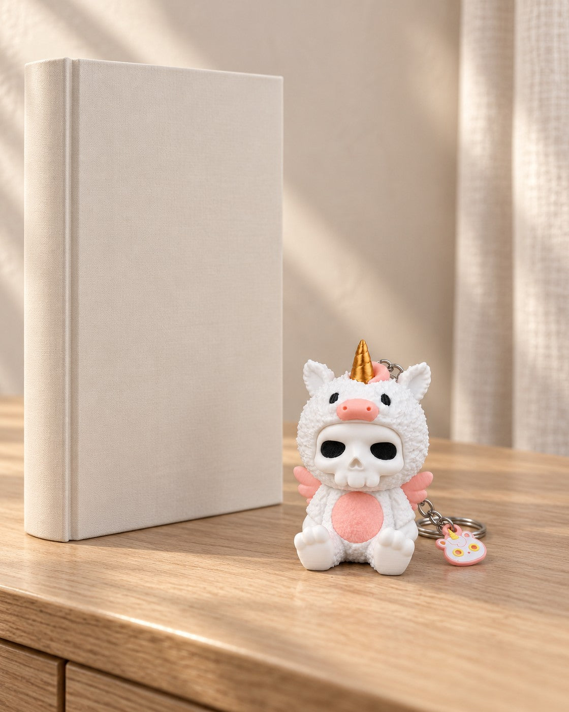 Unna Unicorn Keyring in a calm, softly lit interior, shown at true scale