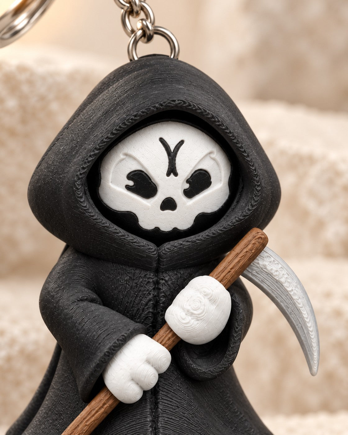 Close-up of the Moody Reaper Keyring showing fine printed layer lines