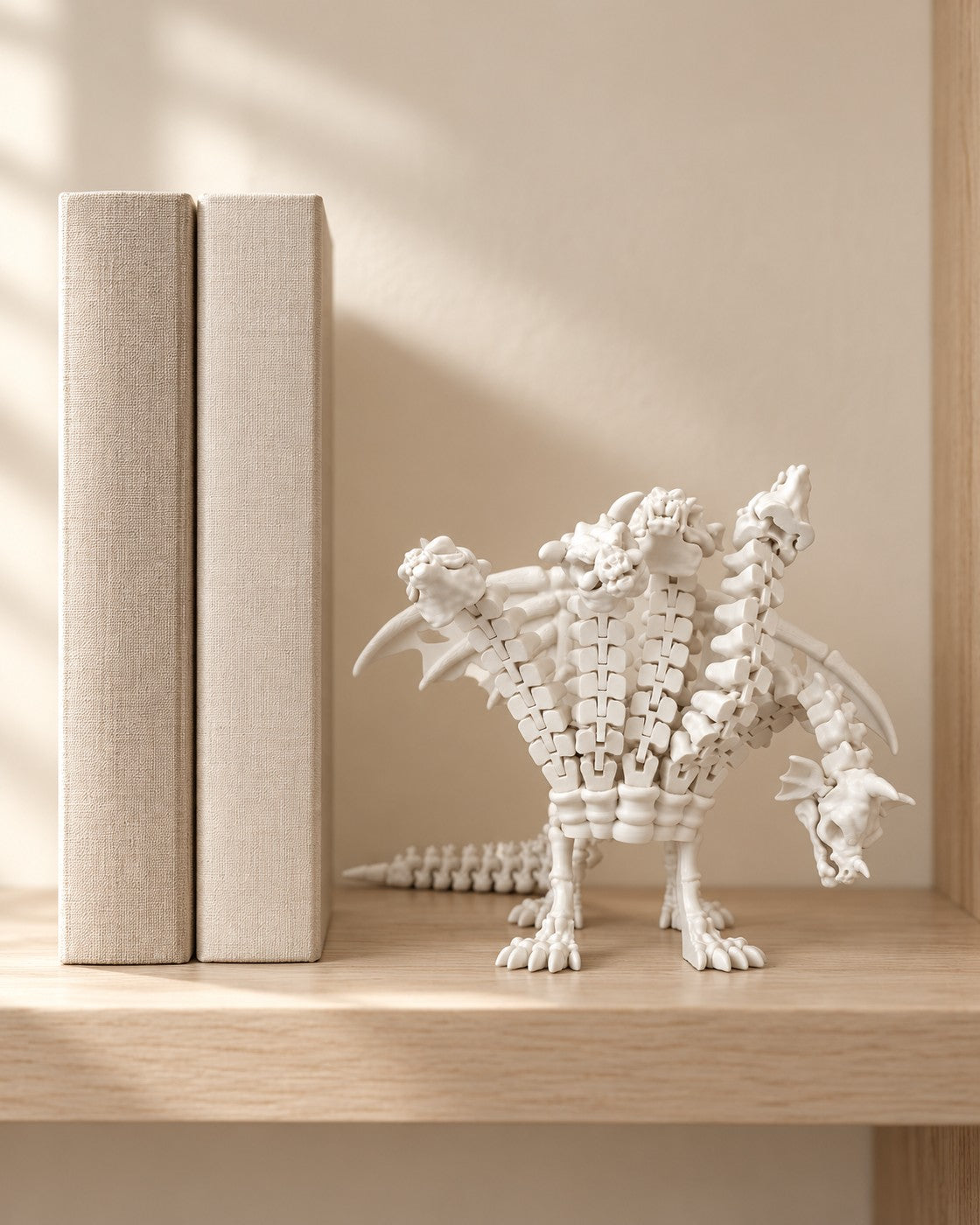 Five-Headed Dragon Skeleton in a calm, softly lit interior, shown at true scale
