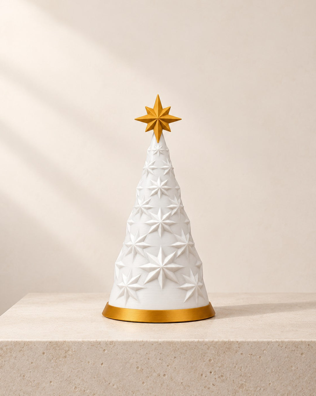 White and Gold Tree Lamp: Star-patterned cone lit from within by a battery LED tealight