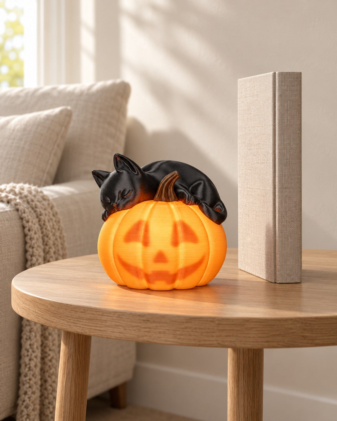 Sleepy Cat Pumpkin Lamp in a calm, softly lit interior, shown at true scale