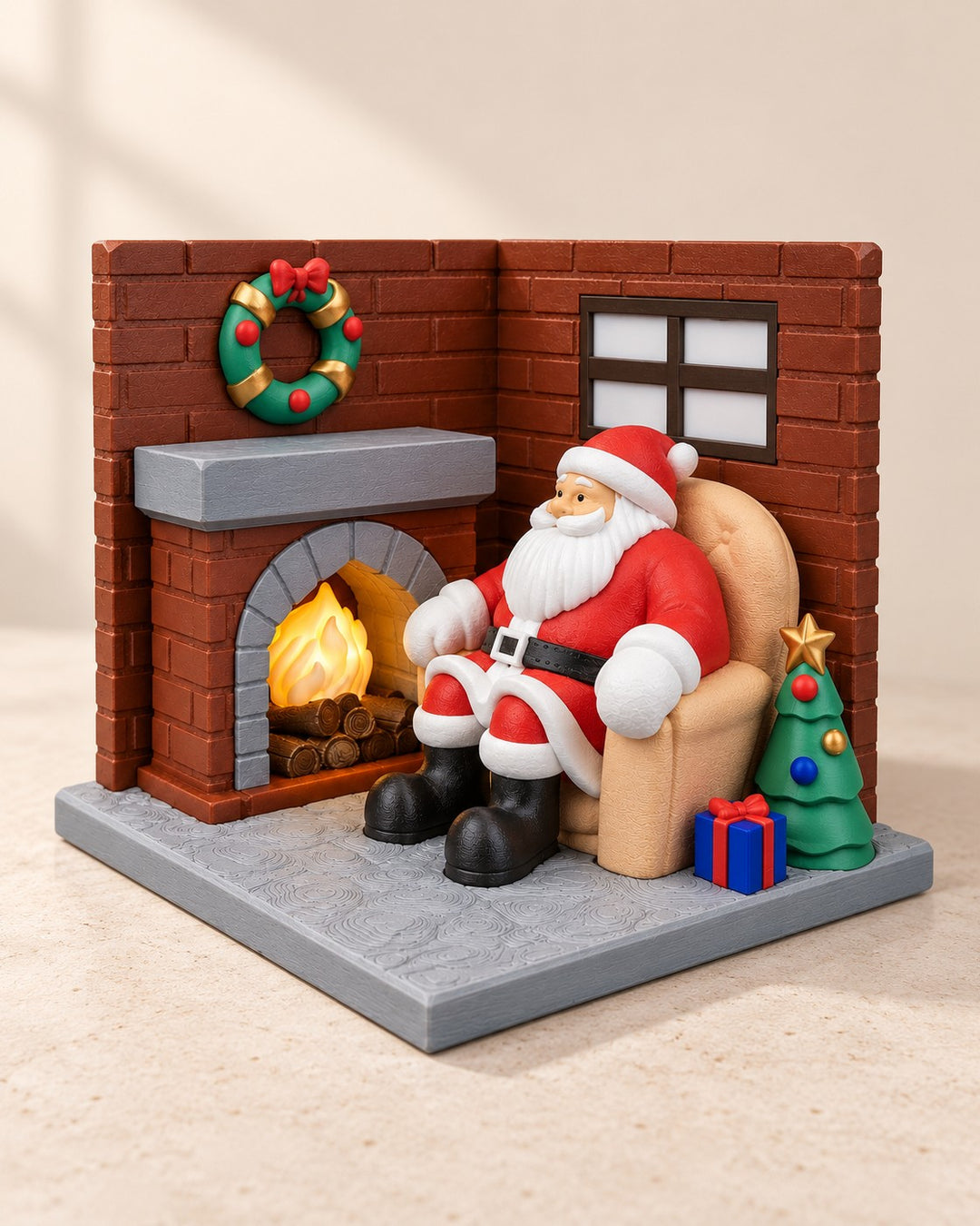 Santa Fireside Lamp: Miniature Christmas Eve living room with a softly glowing fireplace