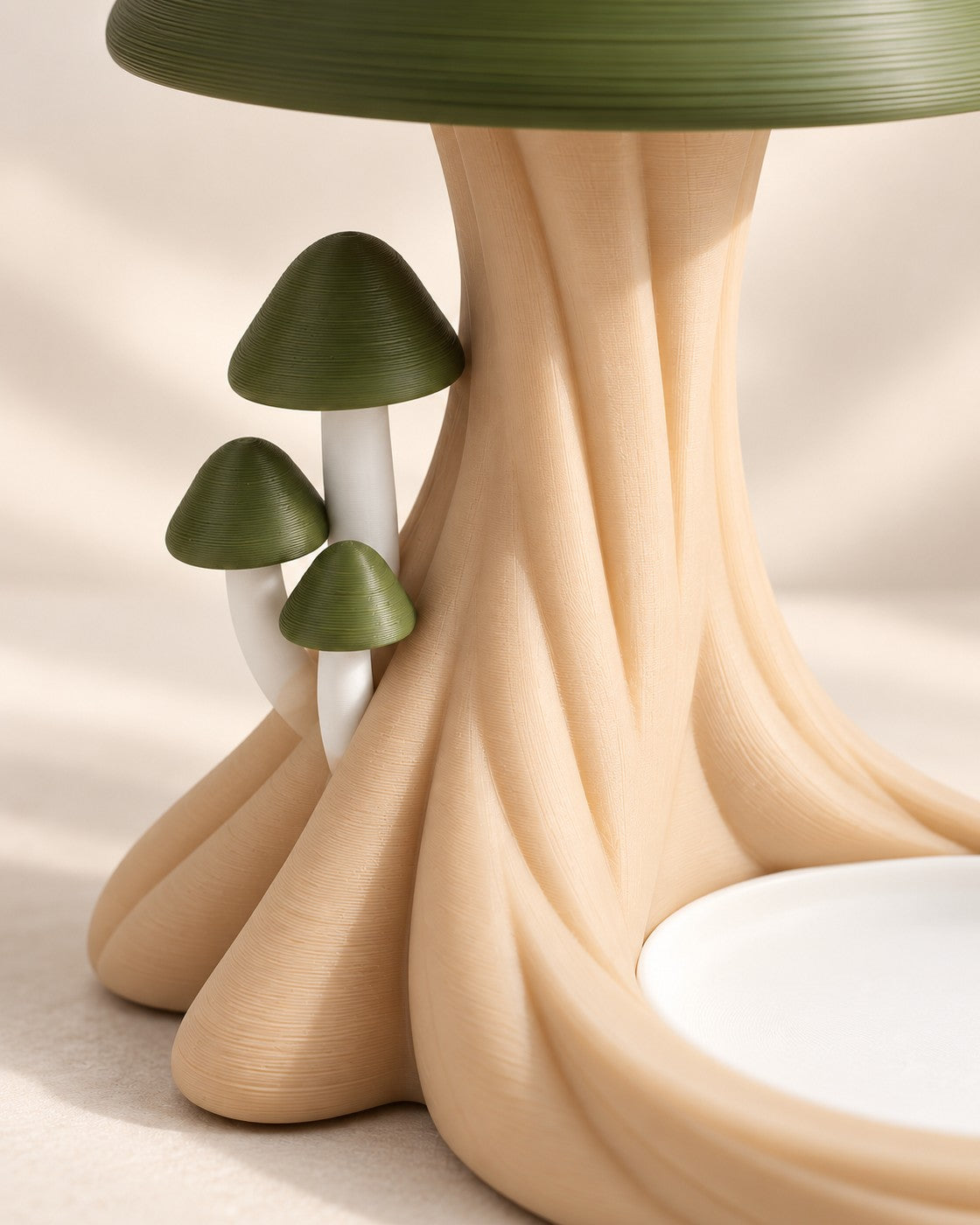 Close-up of the Toadstool Lamp with Tray showing fine printed layer lines
