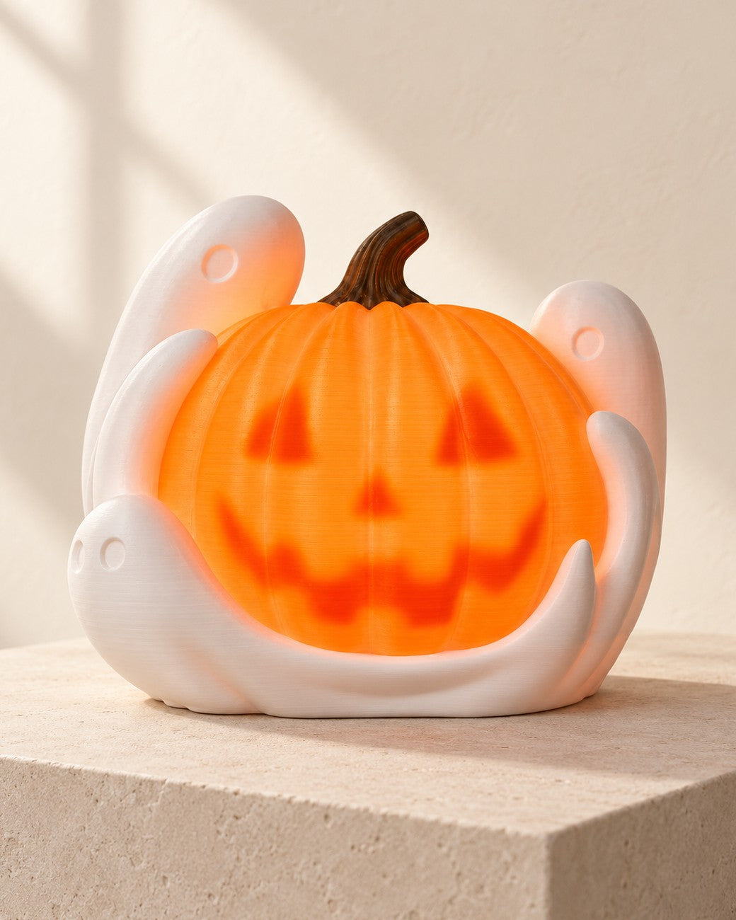Ghost Pumpkin Lamp on a pale limestone plinth, soft studio light