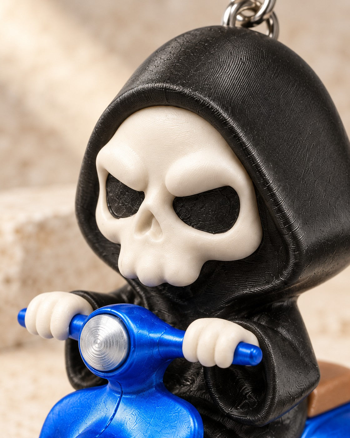 Close-up of the Grim Rider Keyring showing fine printed layer lines