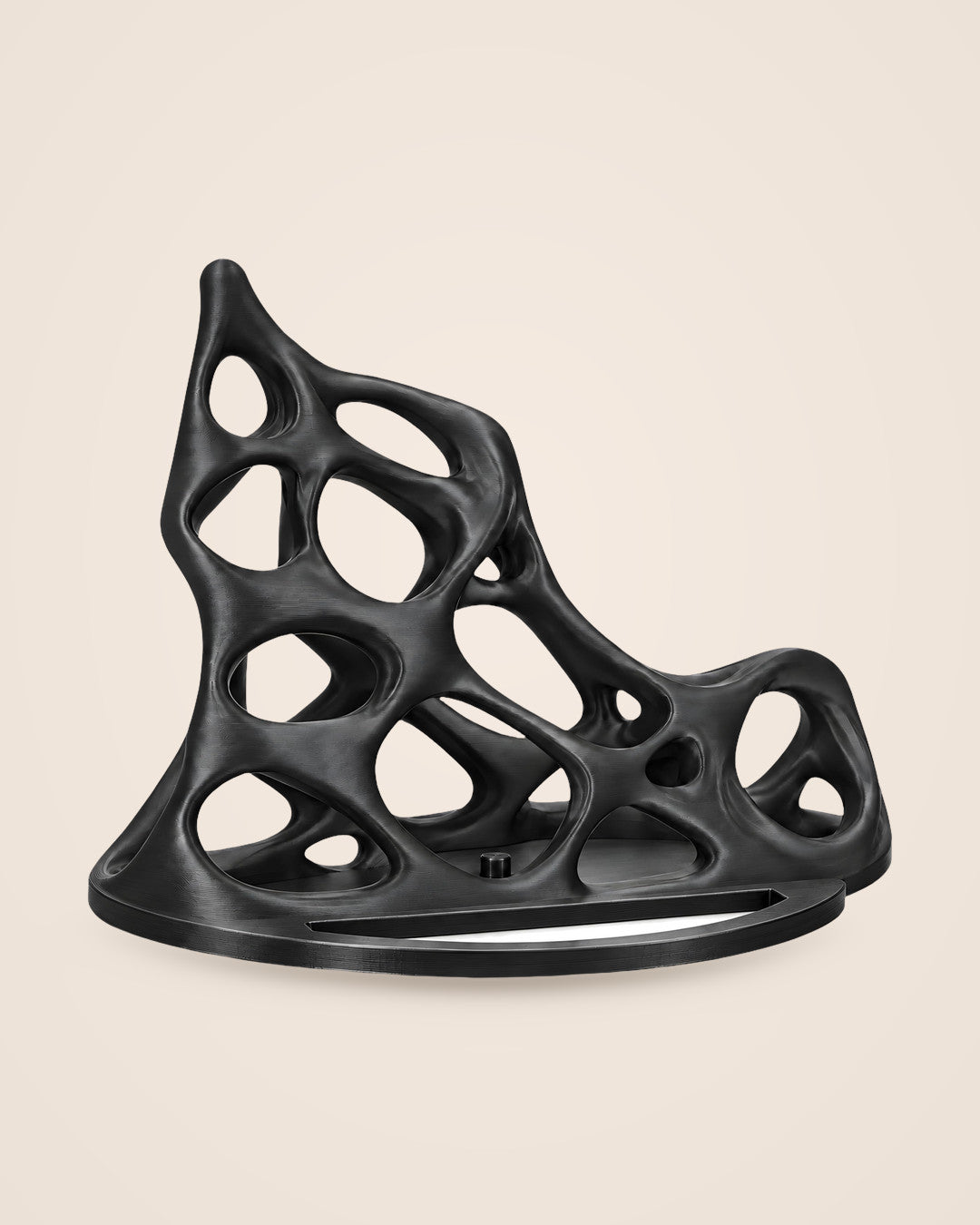 Black Lattice Console Stand: Open voronoi lattice that holds a slim console upright, in matte black PETG