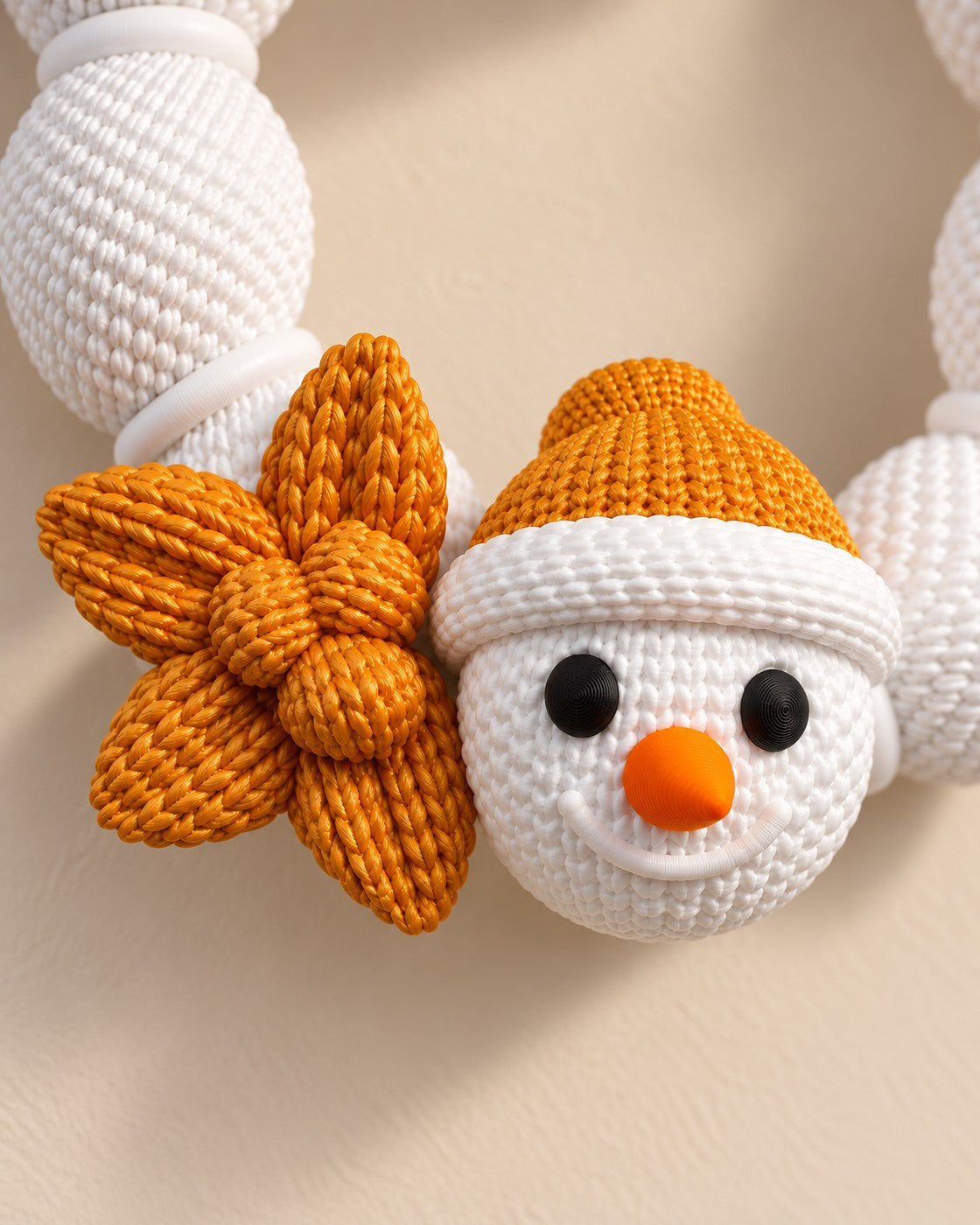 Close-up of the Knitted-Look Snowman Wreath showing fine printed layer lines