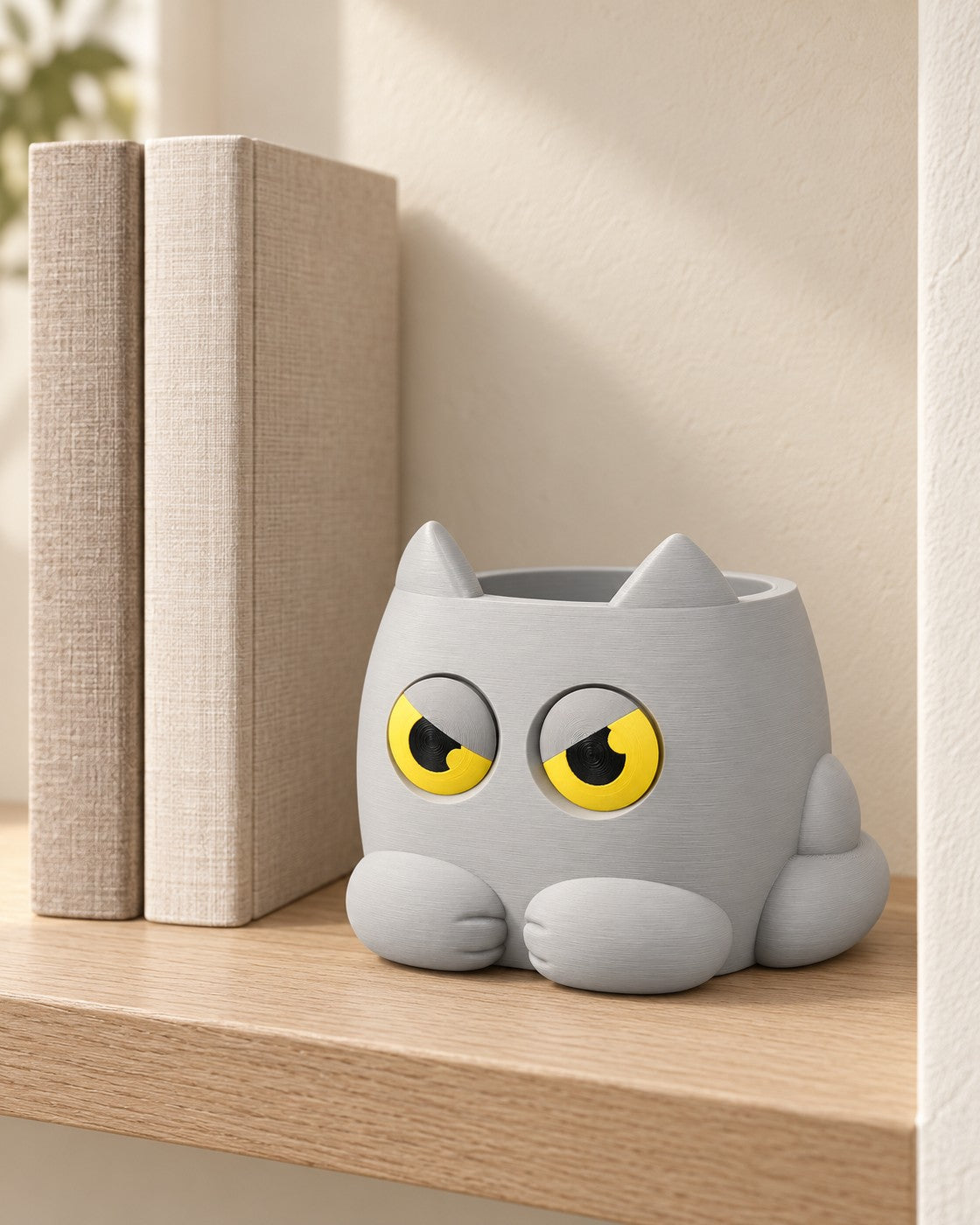 Moody Cat Planter in a calm, softly lit interior, shown at true scale