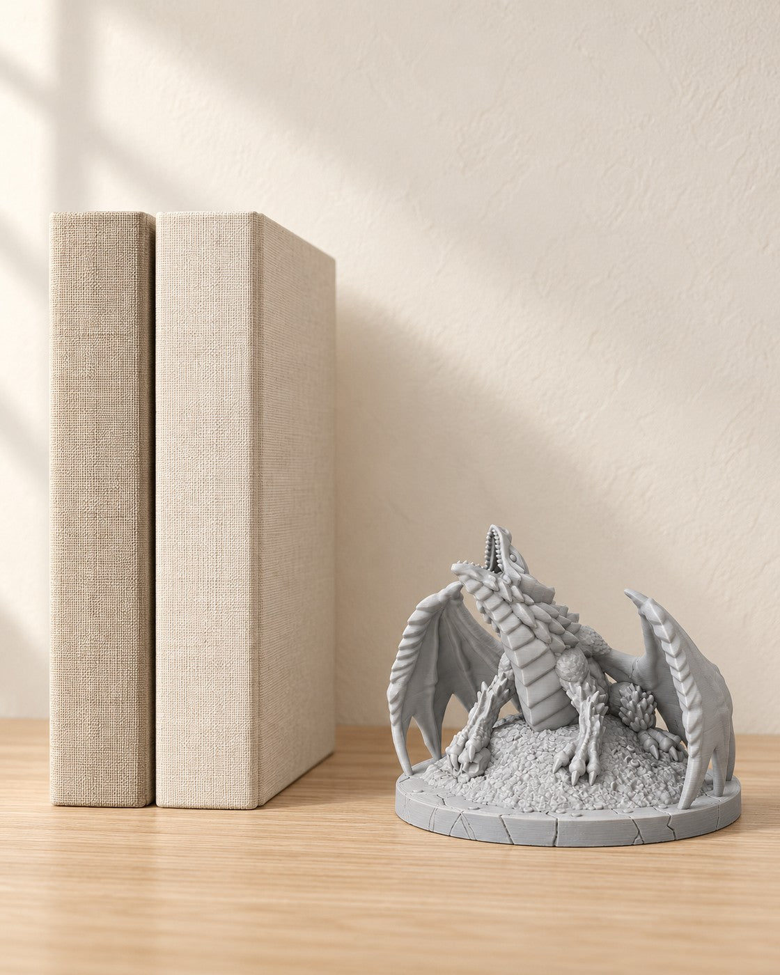Dragon on Its Hoard in a calm, softly lit interior, shown at true scale