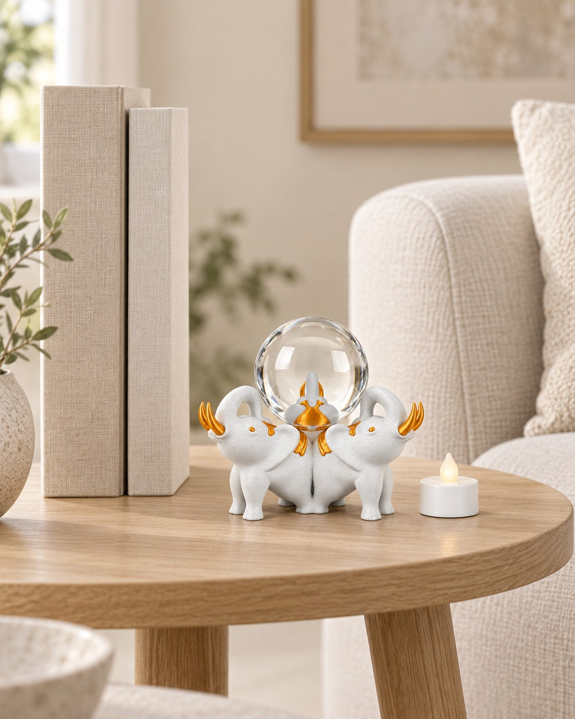 Elephant Trio Crystal Ball Holder in a calm, softly lit interior, shown at true scale