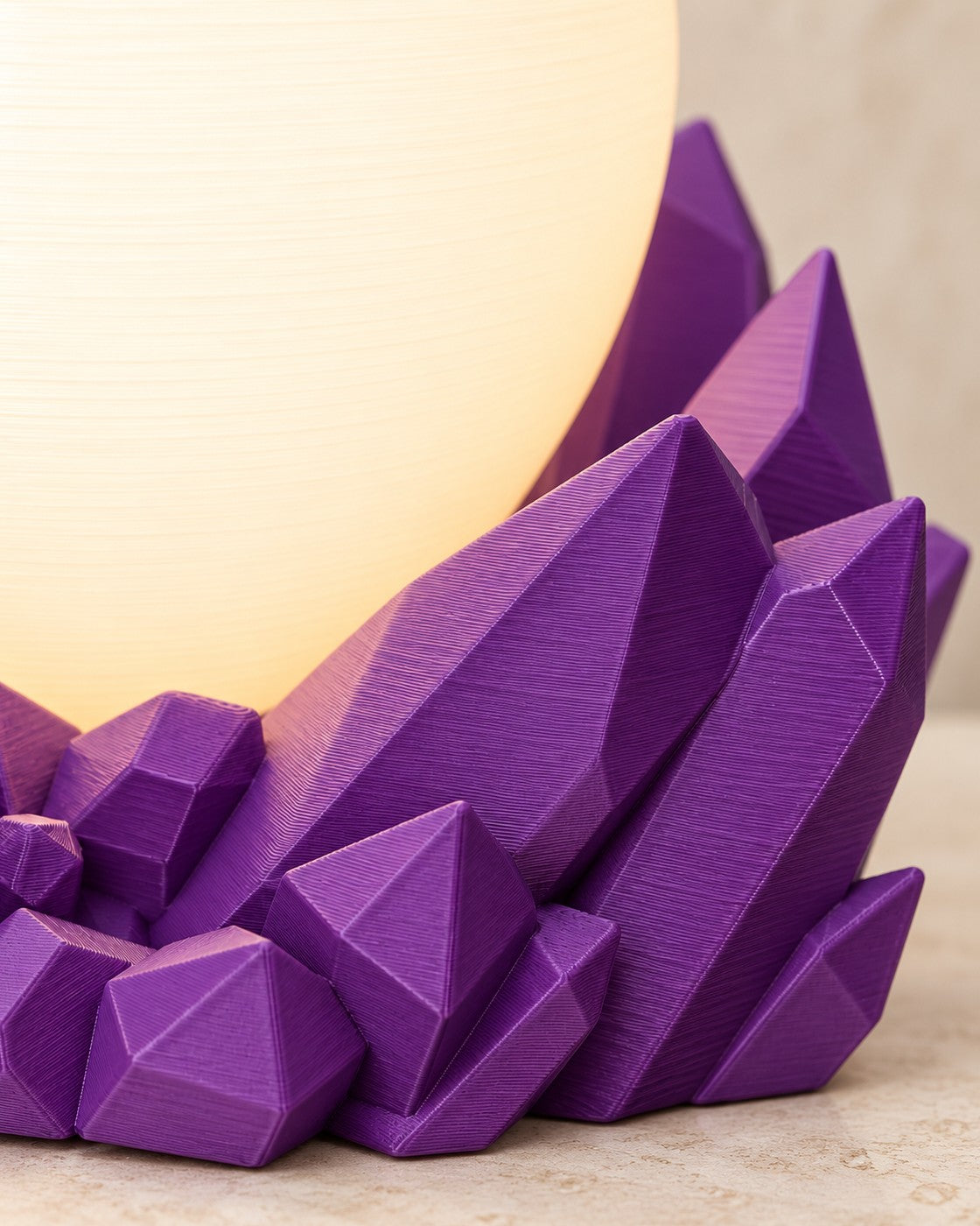 Close-up of the Amethyst Sphere Lamp showing fine printed layer lines