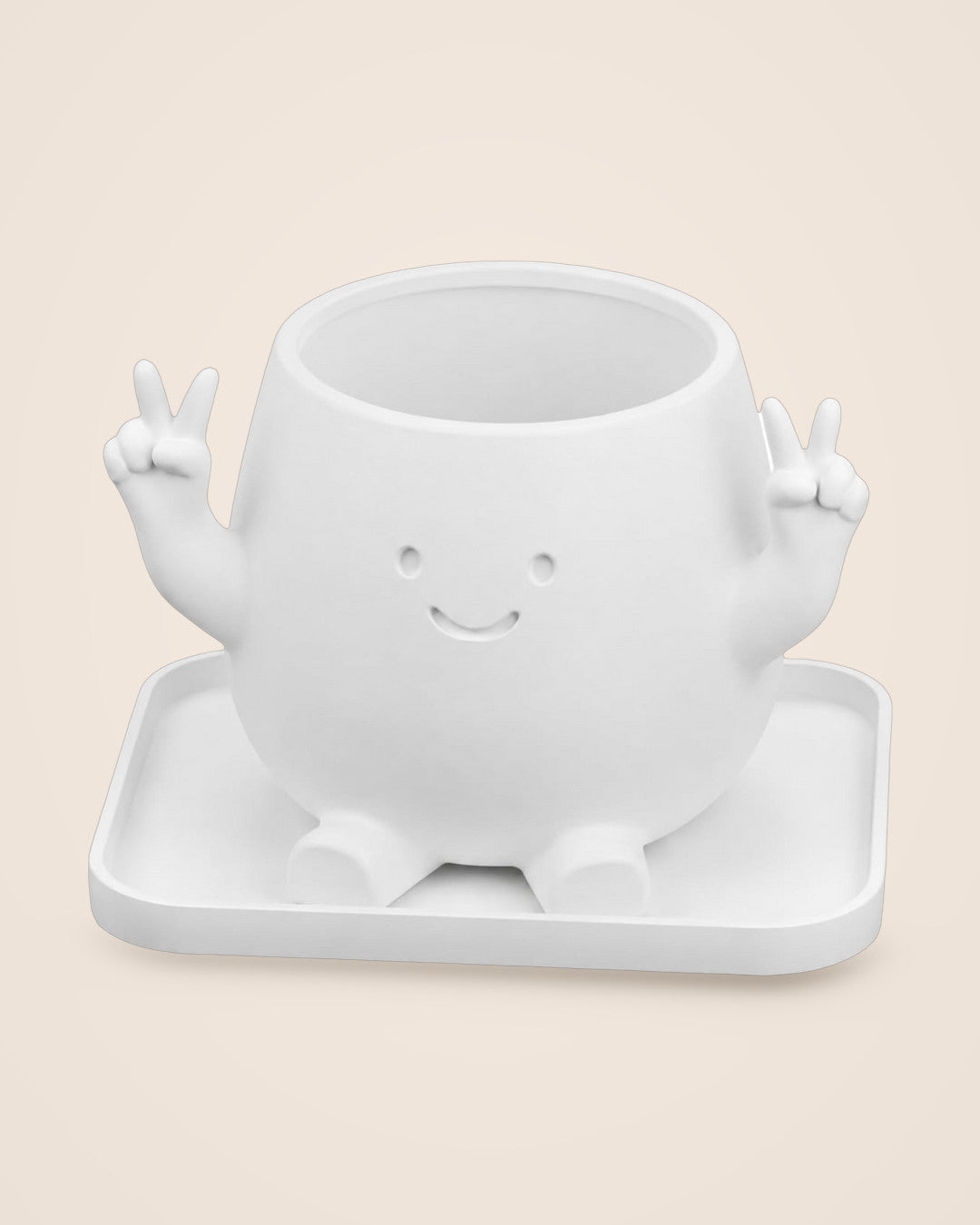 Zuki Planter: Smiling white PETG planter with raised peace-sign hands