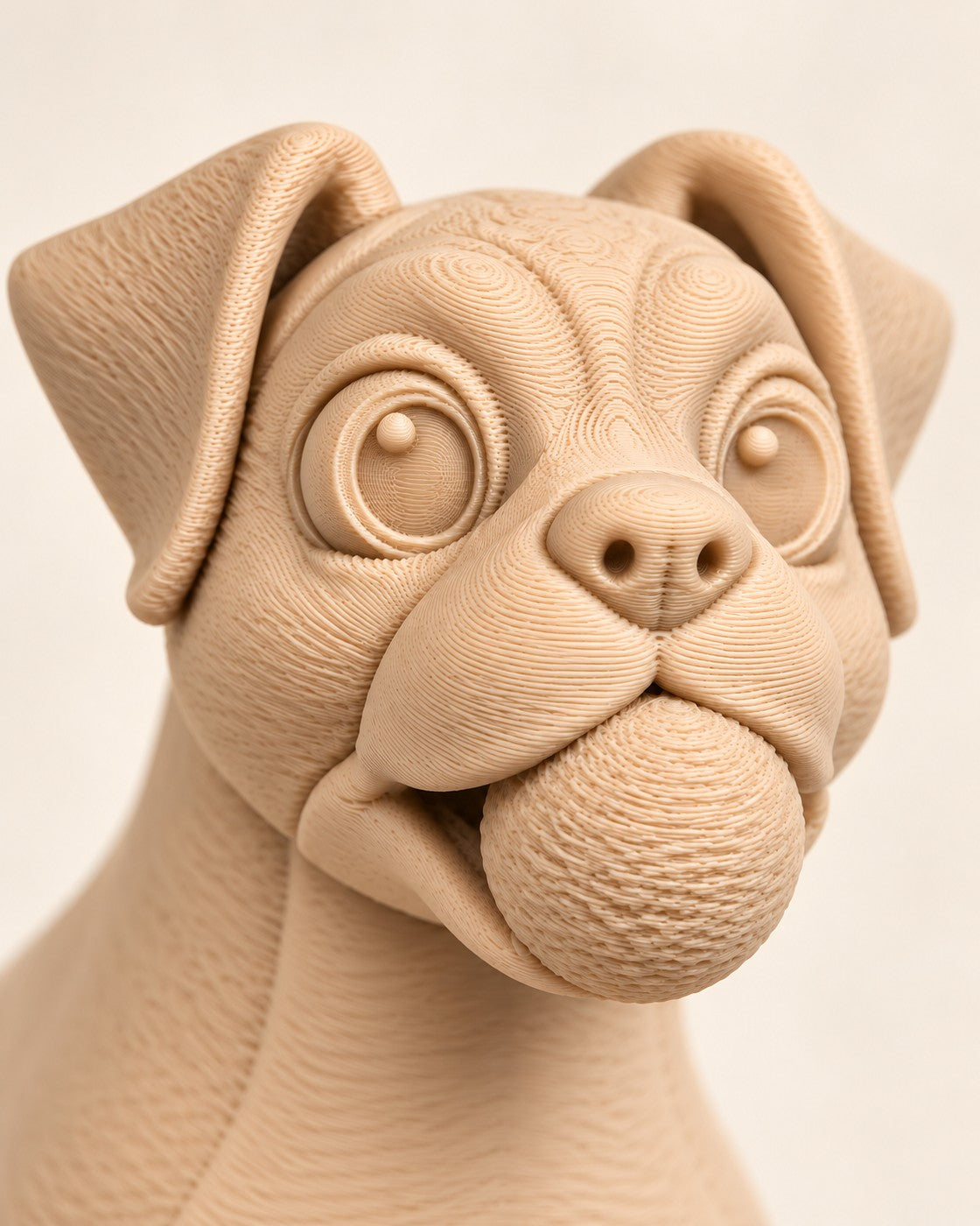 Close-up of the Boxer Dog with Swappable Heads showing fine printed layer lines