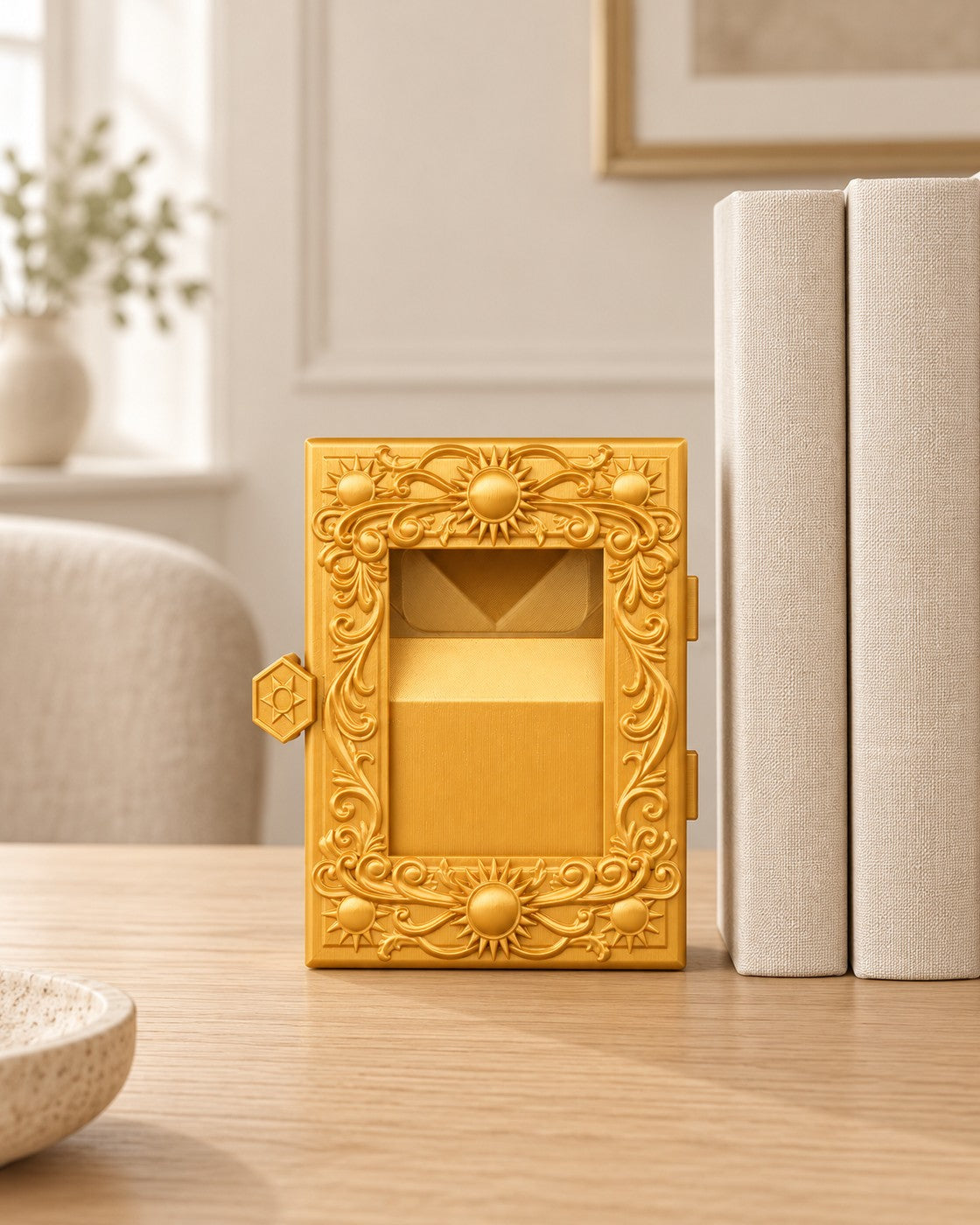 Solar Court Deck Box in a calm, softly lit interior, shown at true scale
