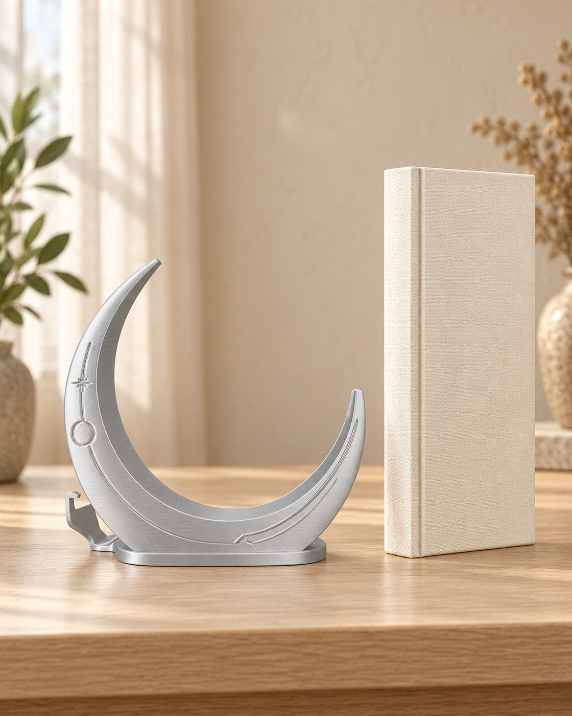 Crescent Moon Console Stand in a calm, softly lit interior, shown at true scale