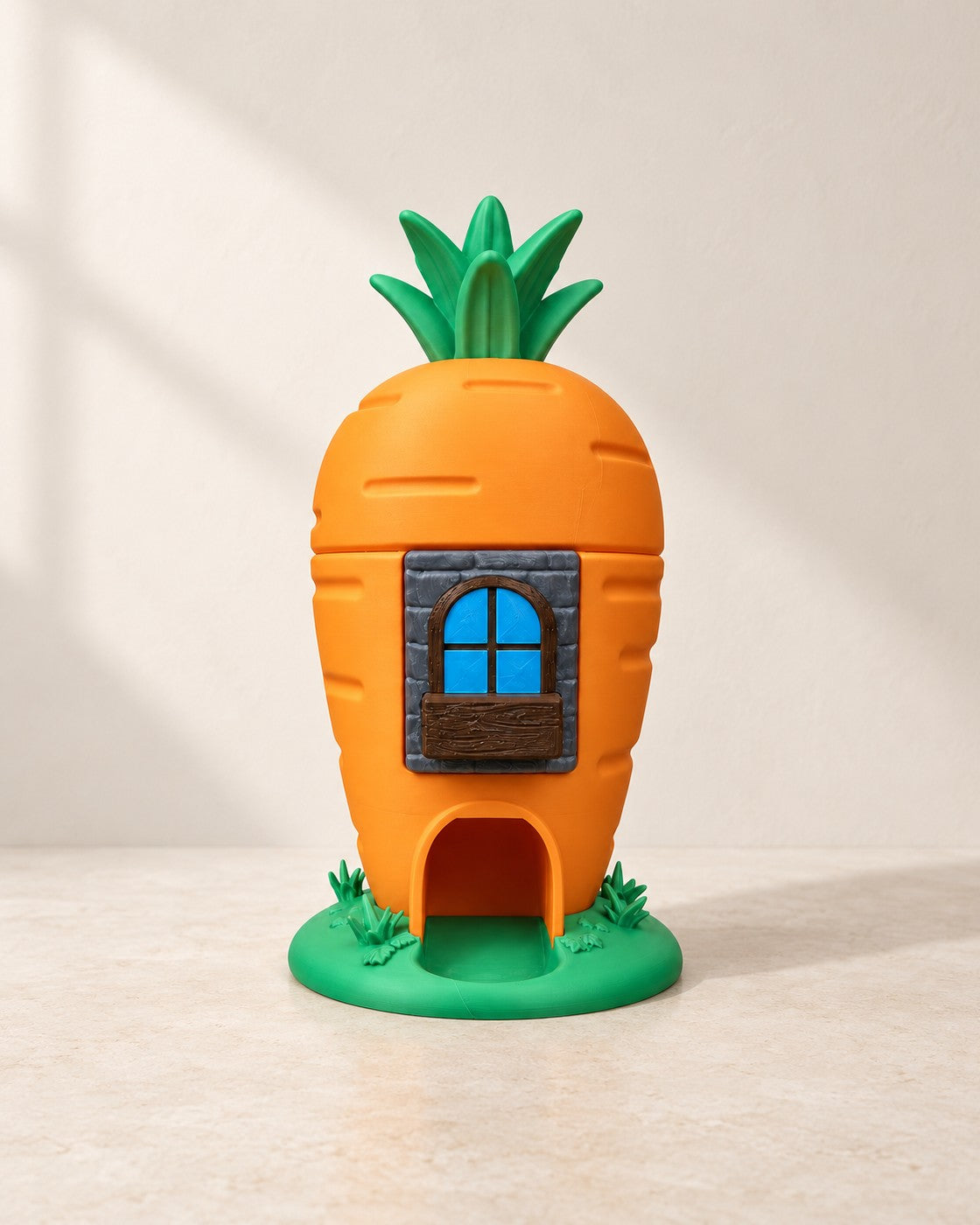 Carrot House Dispenser on a pale limestone plinth, soft studio light