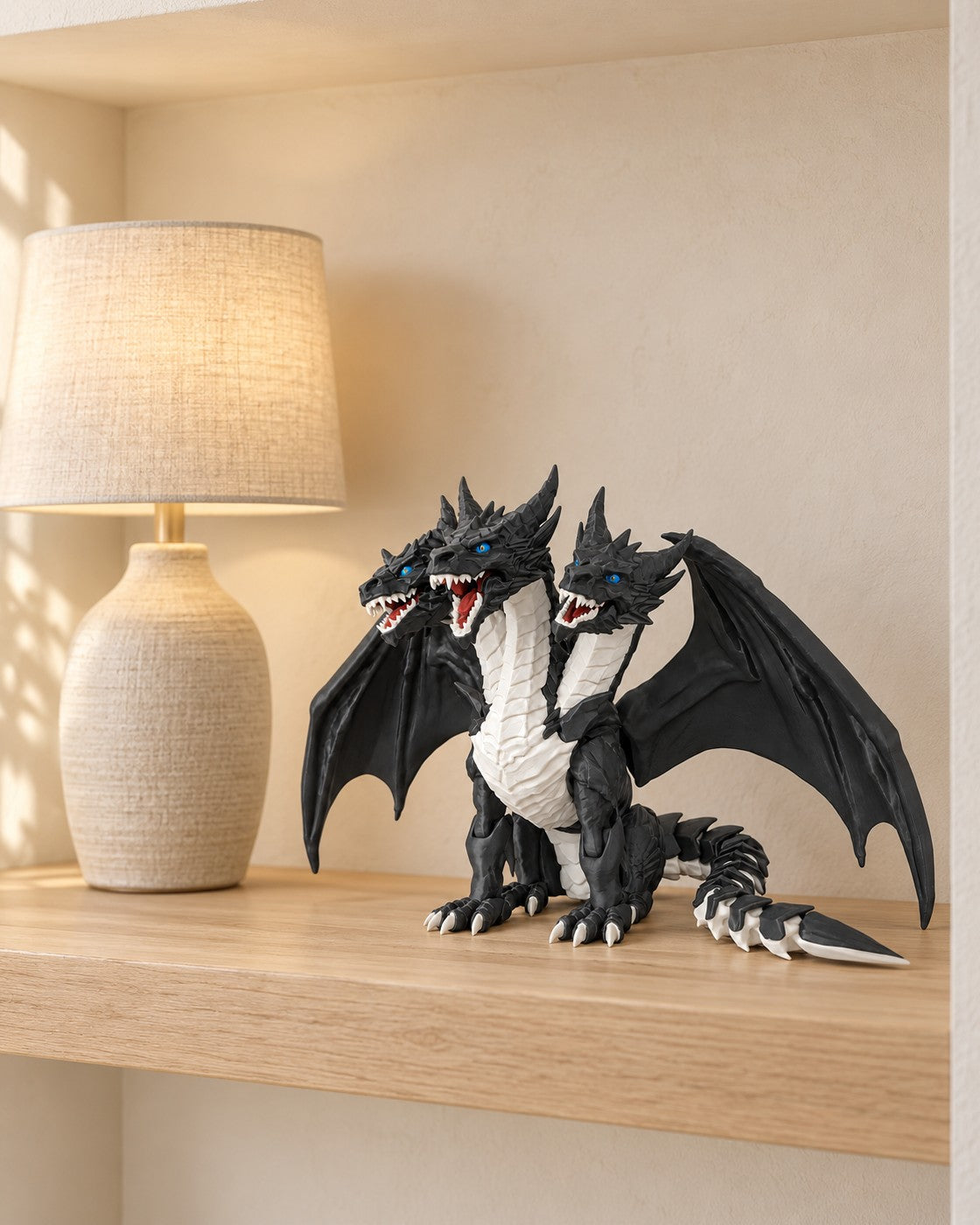 Three-Headed Dragon in a calm, softly lit interior, shown at true scale