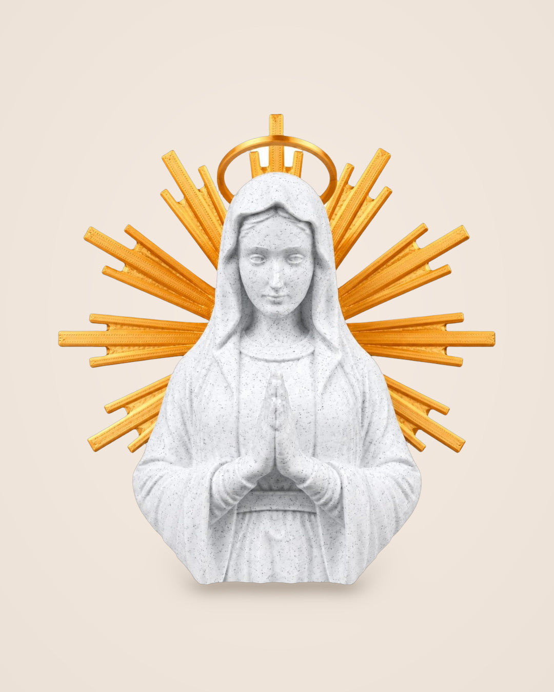 Holy Mary Sunburst Bust: Praying bust in white and gold, framed by a sunburst and halo, for table or wall