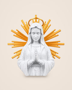 Holy Mary Sunburst Bust: Praying bust in white and gold, framed by a sunburst and halo, for table or wall