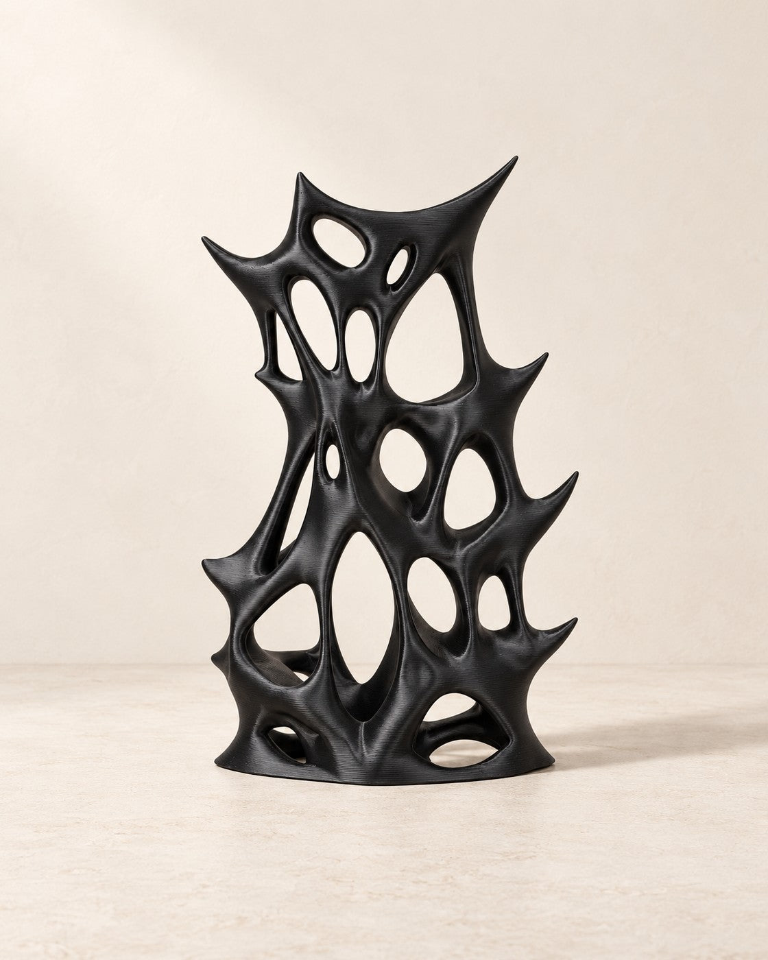 Lattice Headphone Stand on a pale limestone plinth, soft studio light