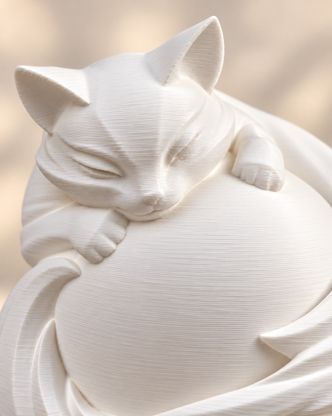 Close-up of the Sleeping Cat Lamp showing fine printed layer lines