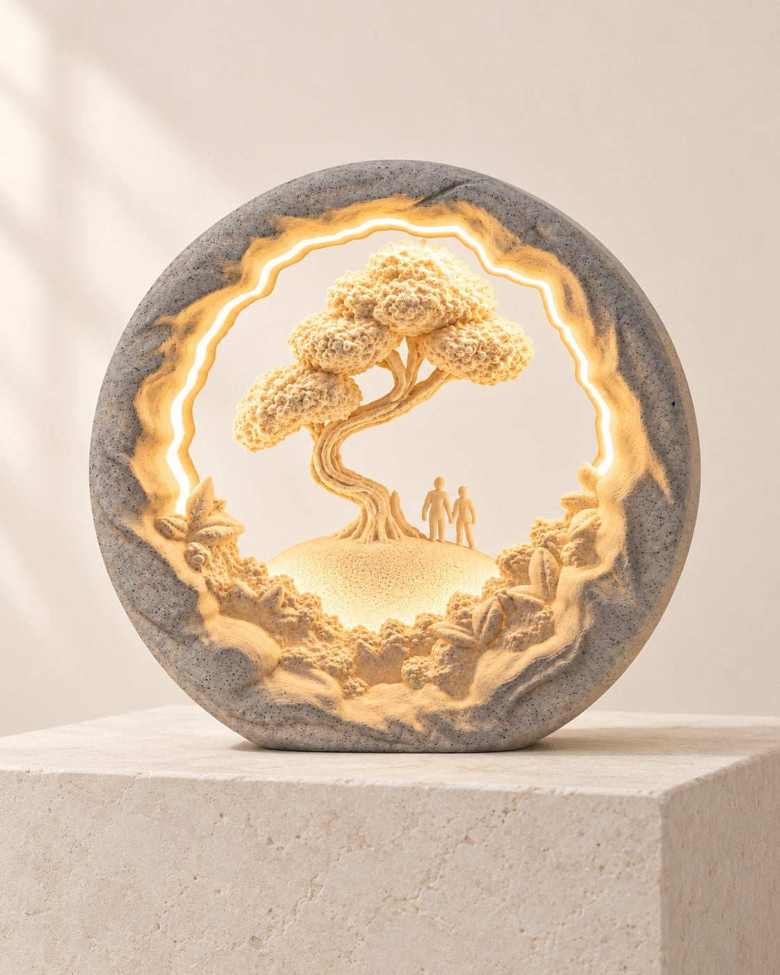 Our Journey Lamp on a pale limestone plinth, soft studio light