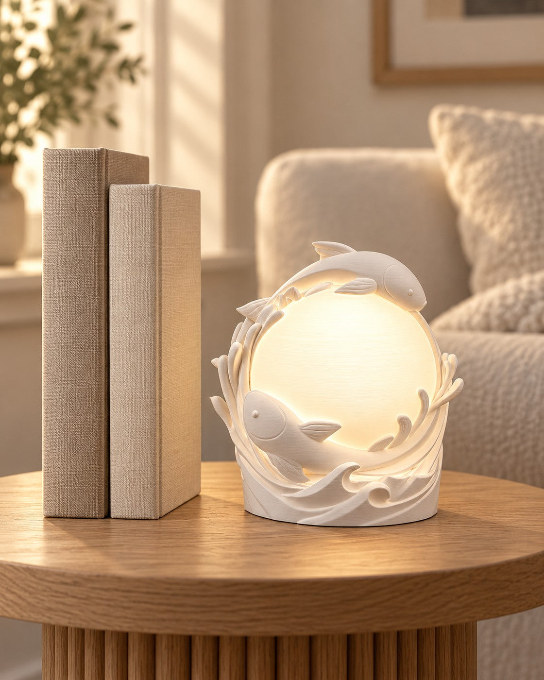 Twin Fish Orb Lamp in a calm, softly lit interior, shown at true scale